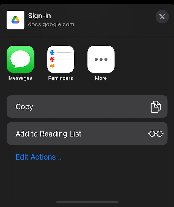 Screenshot of share sheet showing a URL that says 'Sign In'