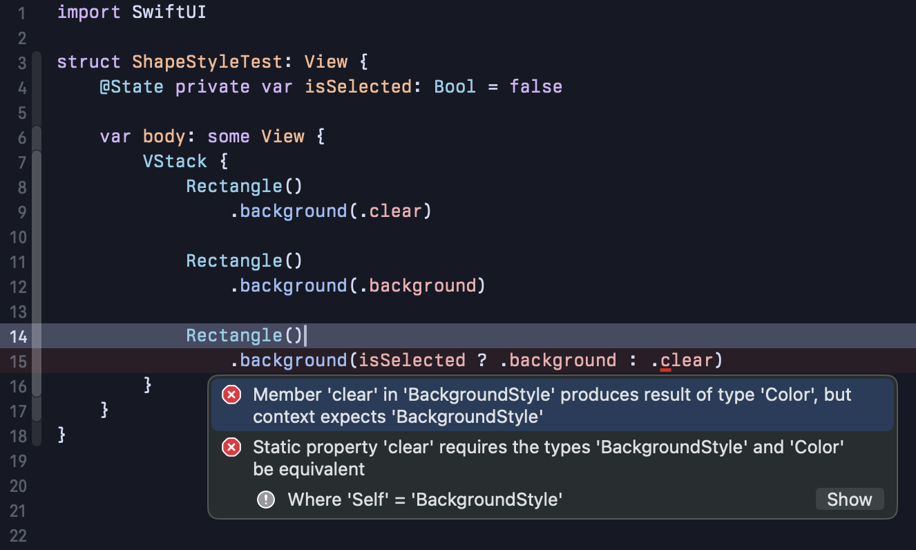 Xcode error using .background and .clear
