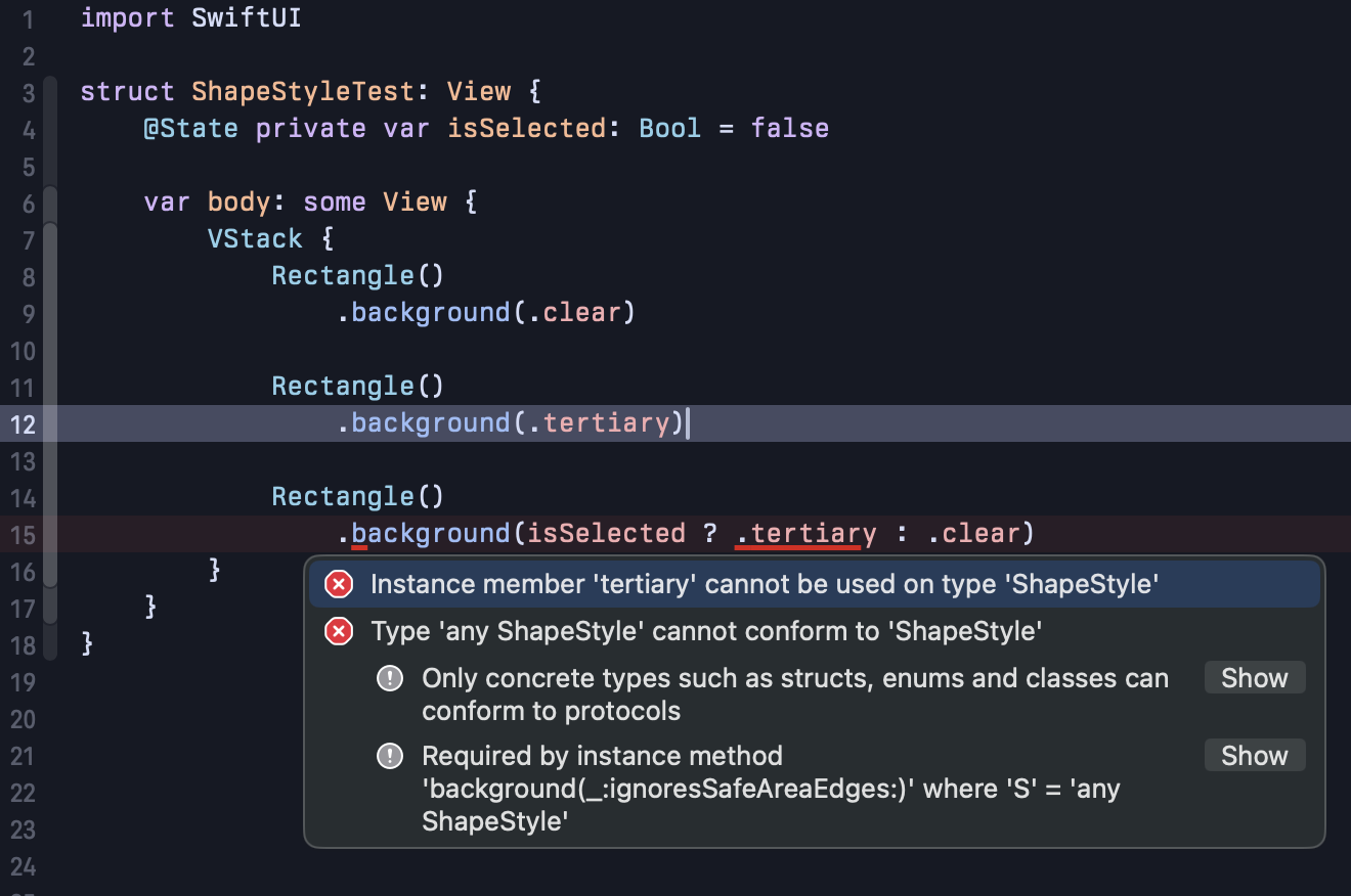 Xcode error using .tertiary and .clear