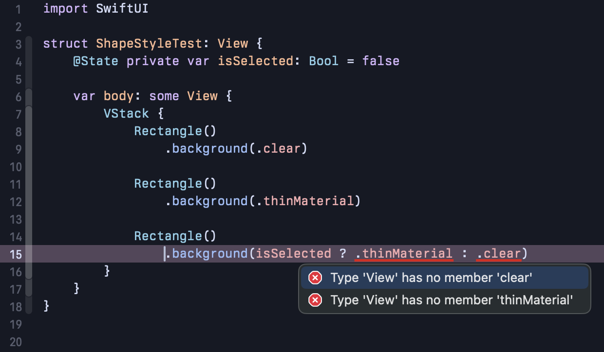 Xcode error using .thinMaterial and .clear